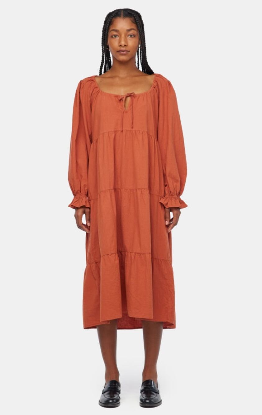 LACAUSA Women's Tate Tiered Midi Dress Small Rustic Orange Long Sleeve NWT